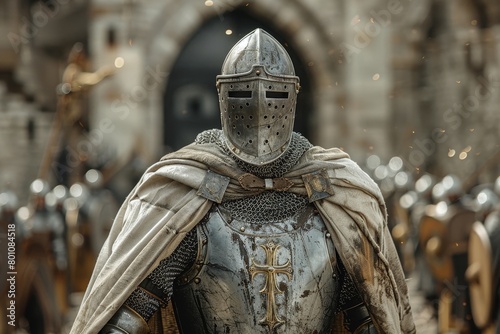 A valiant knight mockup featuring a knight in shining armor with a sword and shield, standing guard at a castle gate or charging into battle