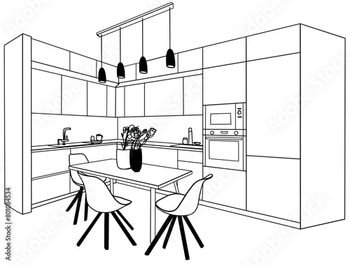 Kitchen interior sketch hand drawing front view. Line art