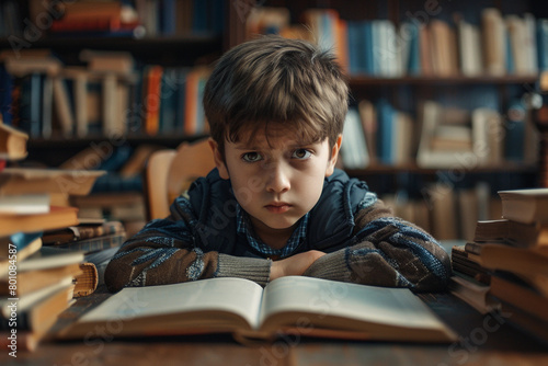A boy is sitting at a desk with a book open in front of him. He looks sad and is staring at the book