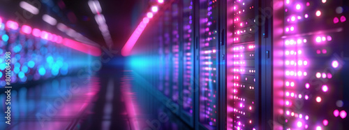 A computer server room with pink lights. The servers are lined up in rows and are glowing pink