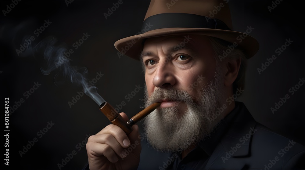 Mature man with beard smoking pipe, wearing hat, against dark background.generative.ai Mature man with beard smoking pipe, wearing hat, against dark background.generative.ai