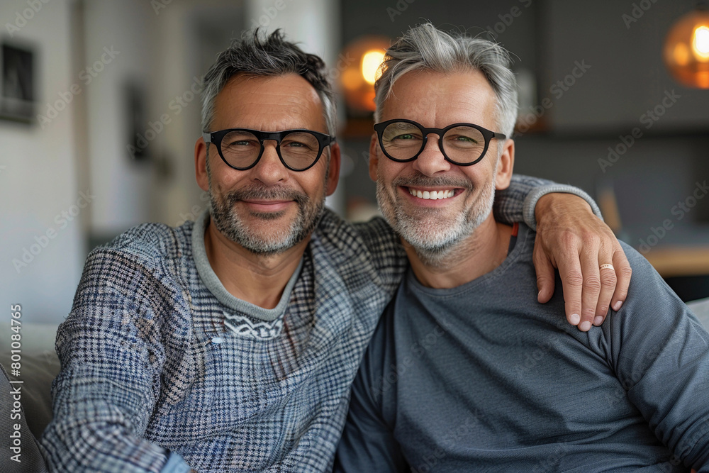 Two men wearing glasses are smiling and hugging each other. They are sitting on a couch. Scene is happy and friendly Two men wearing glasses are smiling and hugging each other. They are sitting on a couch. Scene is happy and friendly
