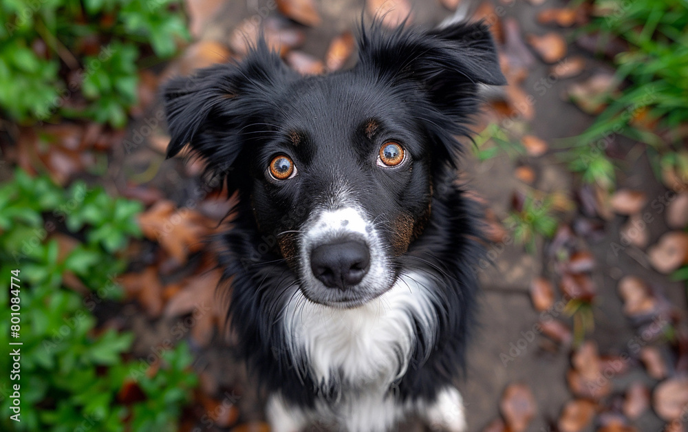 A black and white dog with brown eyes is looking at the camera. The dog is standing on a dirt path with leaves on the ground