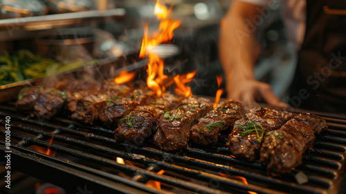 Fresh meat on hot grill. Beef, pork, chicken. BBQ. 