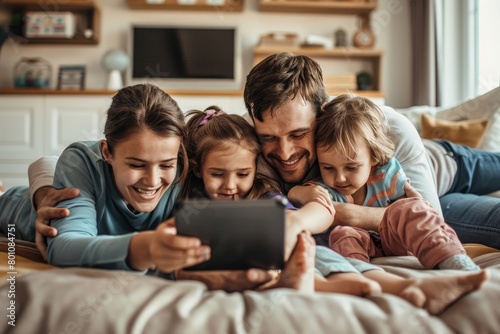 Happy young family having fun time at home. Parents with children using digital device, Generative AI