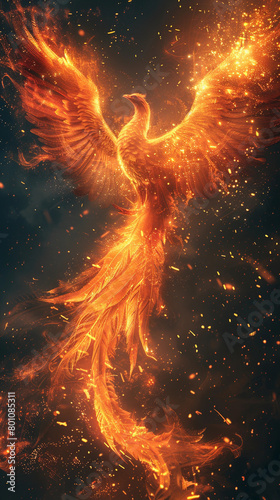 A fiery bird with its wings spread out, surrounded by a cloud of sparks. Concept of danger and excitement, as if the bird is about to take flight and ignite the surrounding area