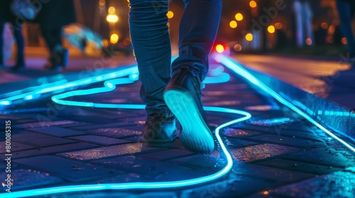 Sidewalks that glow with phosphorescent lines, guiding pedestrians safely at night with no need for street lamps Sharpen close up strange style hitech ultrafashionable concept