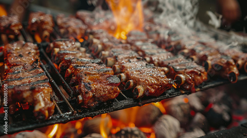 Fresh meat on hot grill. Beef, pork, chicken. BBQ. 