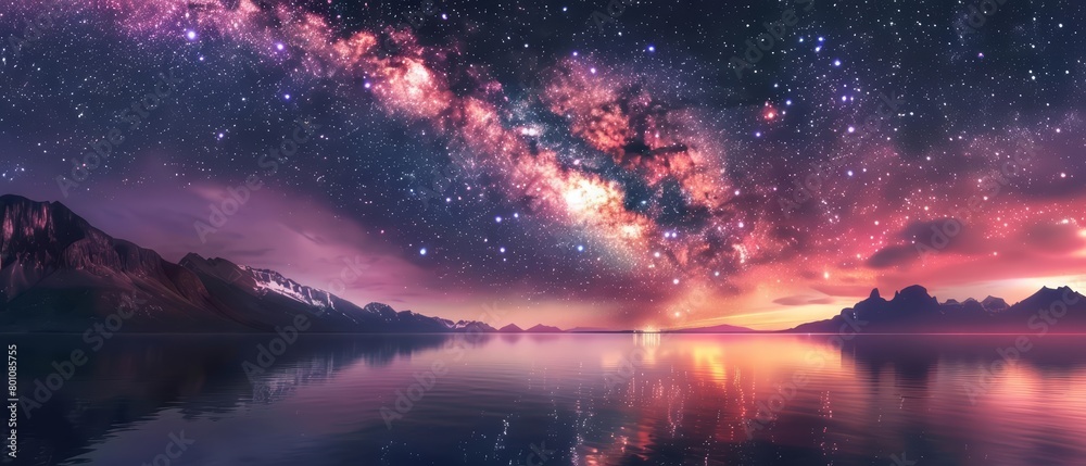 The galaxys luminous arc stretches over a serene lake