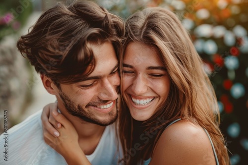 Beautiful young couple in love having fun, hugging and smiling together, Generative AI