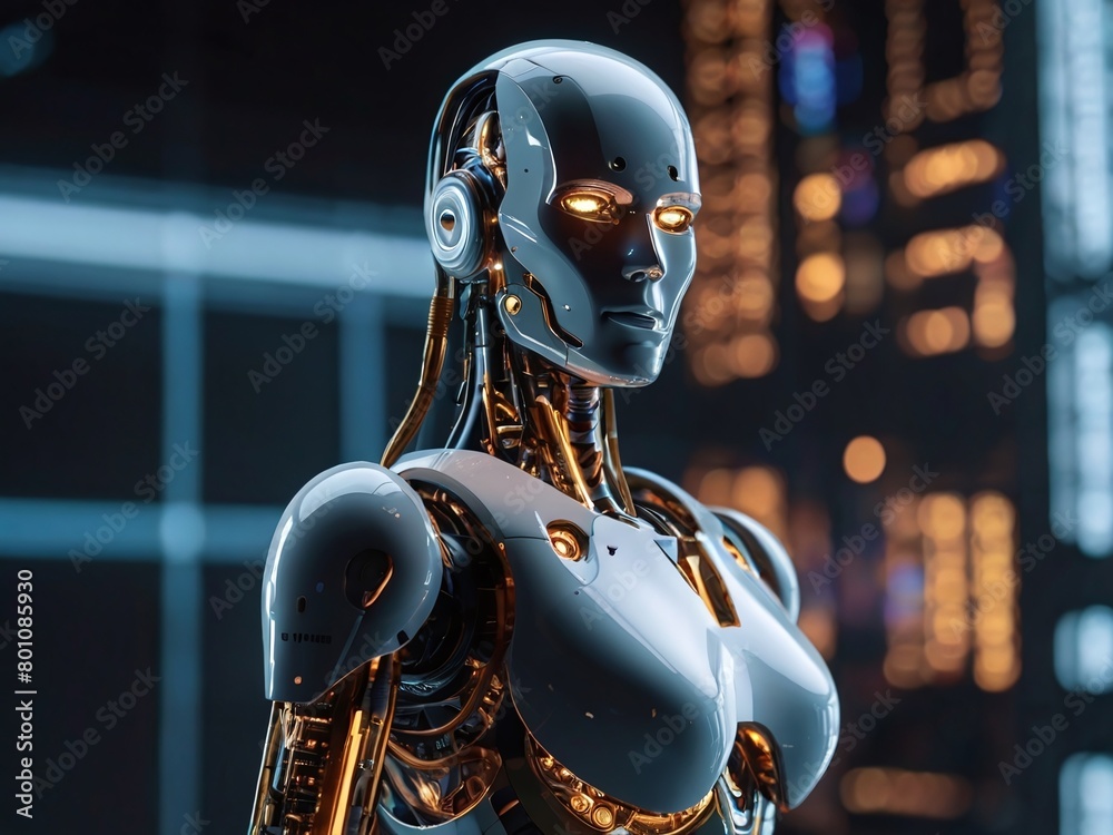 Advanced Humanoid Robot with Illuminated Eyes in a Futuristic Technological Setting