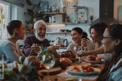Happy multiethnic multigeneration family having fun together around kitchen table, Generative AI photo