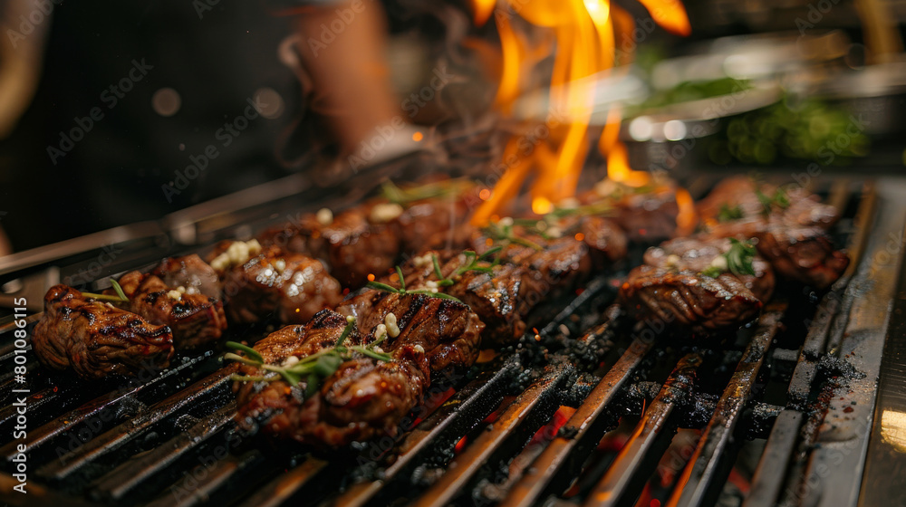 Fresh meat on hot grill. Beef, pork, chicken. BBQ. Fresh meat on hot grill. Beef, pork, chicken. BBQ.