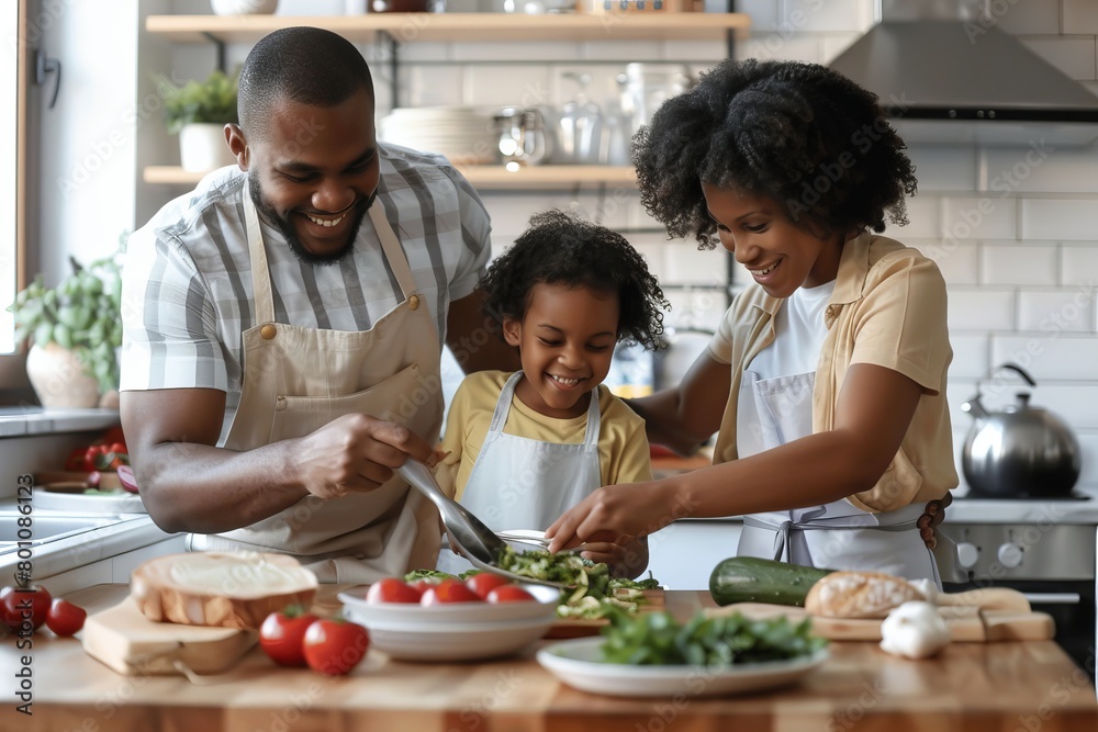 Happy african american family preparing healthy food together in kitchen, Generative AI
