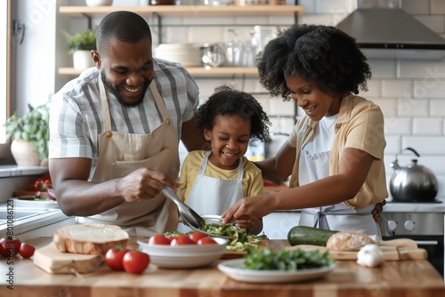 Happy african american family preparing healthy food together in kitchen  Generative AI