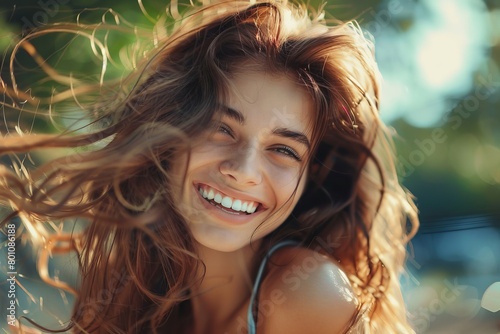 Portrait of beautiful young happy woman smiling and having fun, Generative AI © Divyesh