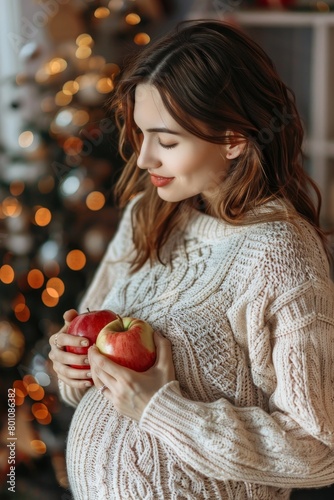 Pregnancy, healthy food and people concept Happy pregnant woman eating apple. healthy food, Generative AI
