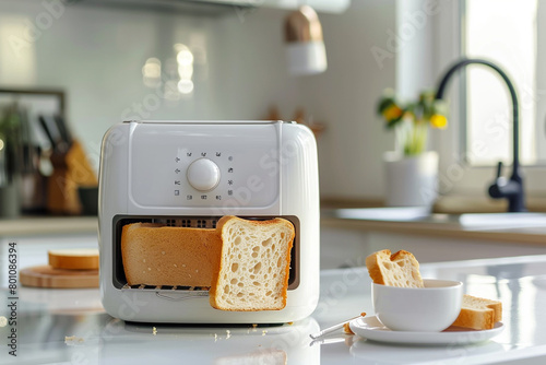 A white toaster with a reheat function, warming toast without additional browning.