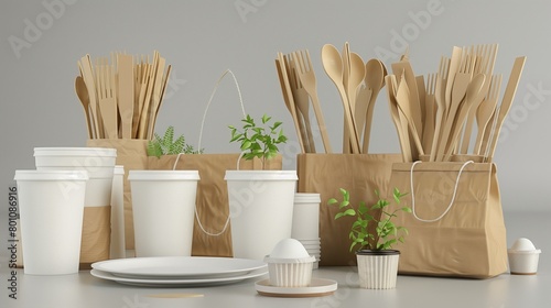 Catering and street fast food paper cups, plates, and containers. Eco-friendly food packaging and cotton eco bags photo