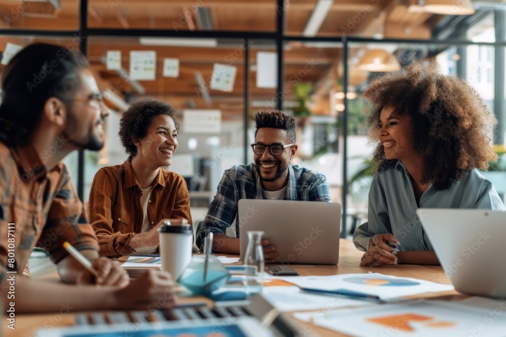 Smiling diverse colleagues gather in boardroom brainstorm discuss financial statistics together, Generative AI