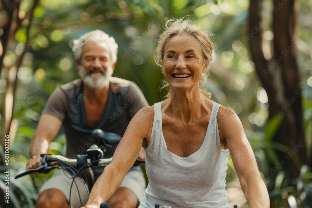 Happy fit mature woman and man cycling on exercise bikes to stay healthy, Generative AI