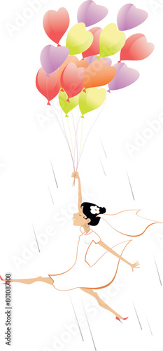 Pretty bride flights on air balloons. 
Pretty bride in the white dress and wedding veil flights holding colorful air balloons shaped hearts. Isolated on white background

