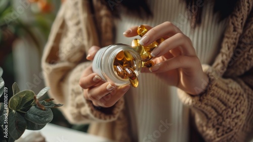 Close-up of woman's hands opening a bottle of supplements photo