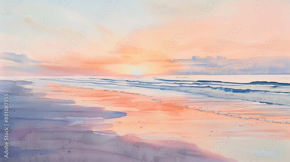Soft watercolor depiction of a quiet beach with dunes and sparse sea grass, the muted colors reflecting a peaceful solitude