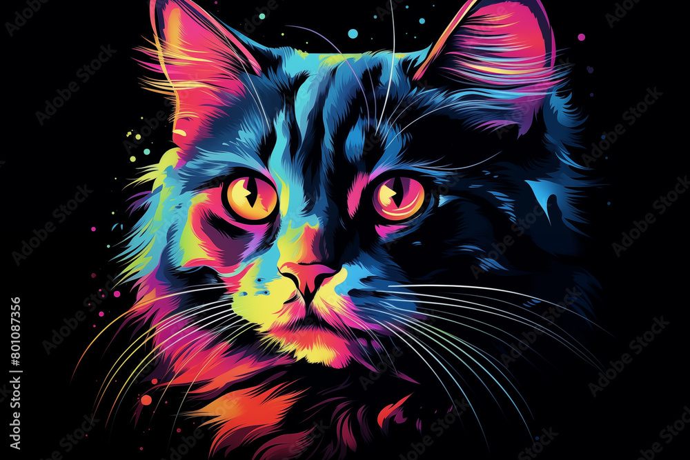 Cat, neon sticker, isolated on black background
