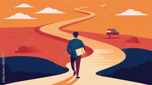 An image of a man walking along a winding road towards a sunset representing the journey of personal growth and transformation. Recommended book.