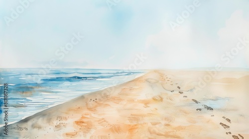 Soft watercolor depiction of a deserted sandy beach with subtle footprints, the horizon meeting the tranquil sea in soothing hues