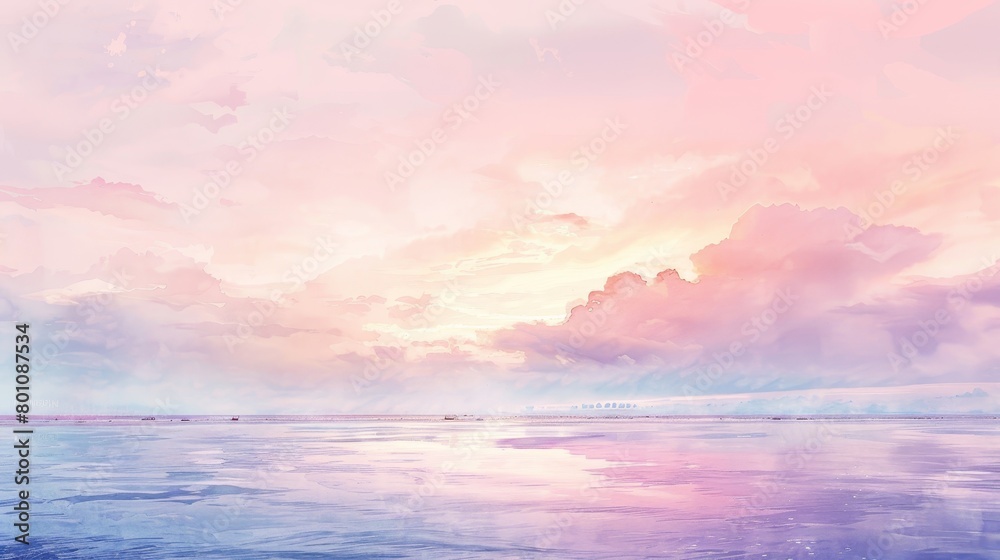 Soft watercolor depiction of twilight over the ocean, the sky a blend of lavender and peach, soothing to patients in any clinic setting Soft watercolor depiction of twilight over the ocean, the sky a blend of lavender and peach, soothing to patients in any clinic setting