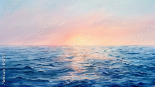 Soft watercolor depiction of twilight over the ocean  the sky a blend of lavender and peach  soothing to patients in any clinic setting
