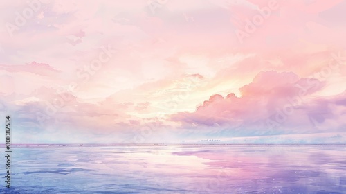 Soft watercolor depiction of twilight over the ocean, the sky a blend of lavender and peach, soothing to patients in any clinic setting © Alpha