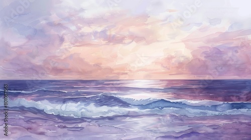 Soft watercolor depiction of twilight over the ocean  the sky a blend of lavender and peach  soothing to patients in any clinic setting