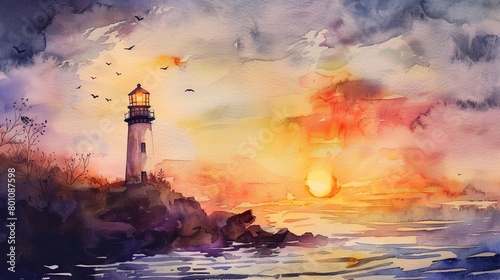 Soft watercolor illustration of a lighthouse at sunset, its light a beacon of calm against the soothing backdrop of the ocean