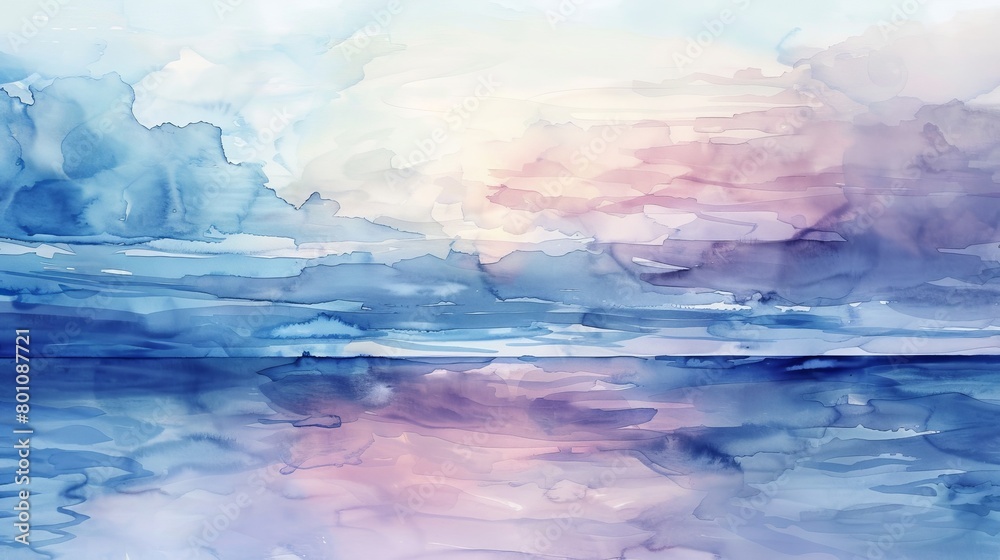 Soft watercolor landscape of distant horizons where the sea meets the sky, blending soothing blues and purples