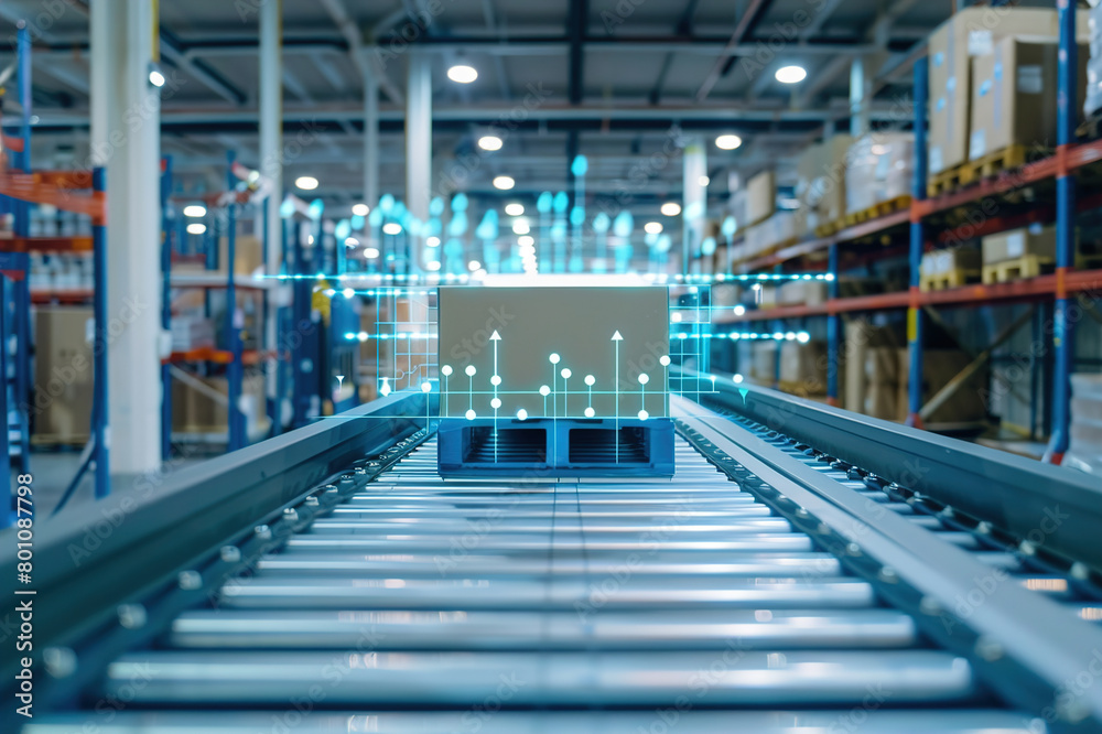 A logistics warehouse with IoT technology tracking inventory and order fulfillment processes. A logistics warehouse with IoT technology tracking inventory and order fulfillment processes.