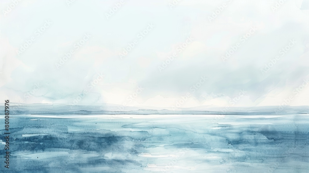 Soft watercolor painting of a distant horizon where the sea meets the sky in harmonious blues and grays, inducing tranquility