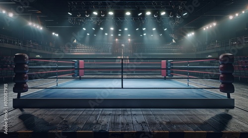 An empty boxing ring in a large arena with spotlights shining down on it. photo