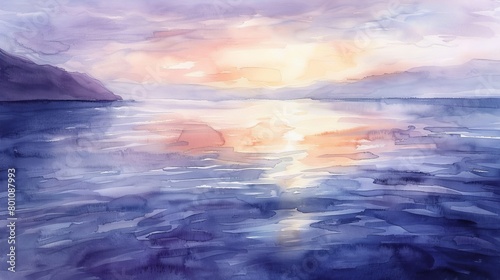 Soft watercolor painting of a seaside view at dusk  the sky painted with hues of lavender and peach  the sea reflecting this quiet spectacle