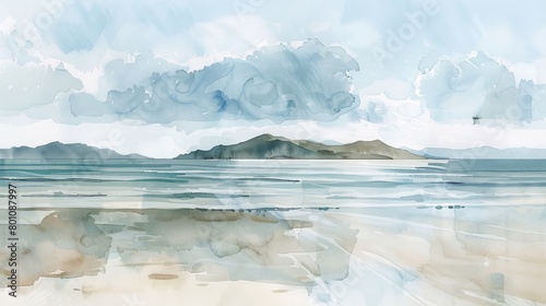 Soft watercolor panorama of a distant island viewed from the beach  the muted and harmonious color palette promoting a sense of calm