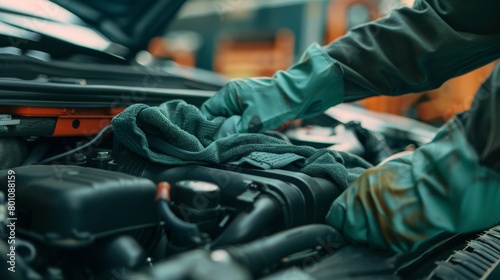 A mechanic wearing green gloves is carefully cleaning a car engine with a dirty rag.