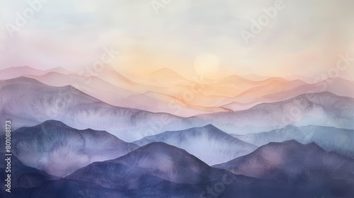 Soft watercolor scene of mountains in the twilight, the fading light casting a healing glow perfect for a clinic setting