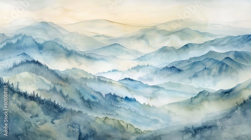 Soft watercolor scene of rolling hills covered in morning fog  the ethereal quality providing a calming backdrop for healing spaces