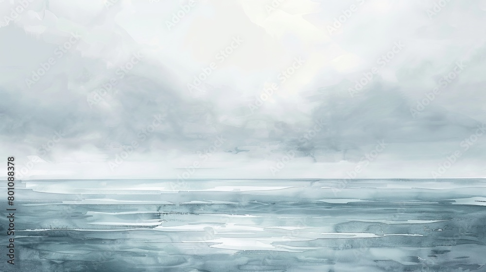 Soothing watercolor artwork of an overcast seascape, the cloudy sky and calm sea merging in a palette of cool grays