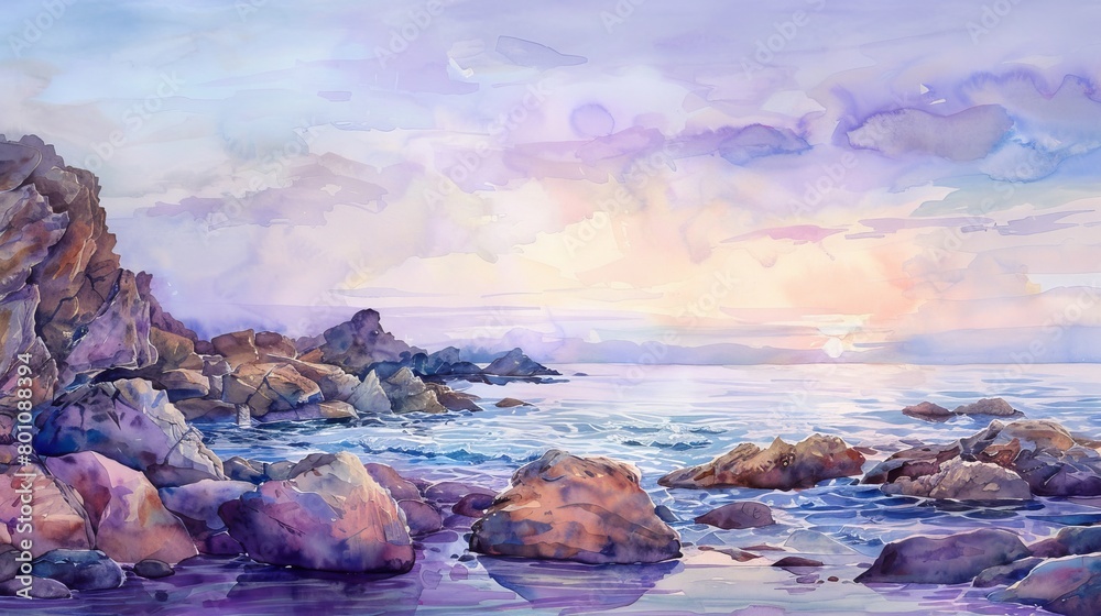 Soothing watercolor depiction of a rocky seaside at dusk, the gentle ebb and flow of the tide under a lavender sky soothing the soul