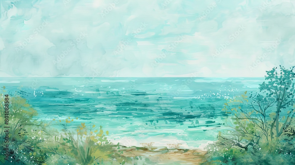 Soothing watercolor of distant horizons viewed from a coastal cliff, muted tones of blue and green creating a serene backdrop