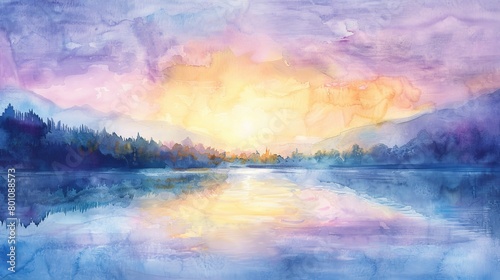 Soothing watercolor of a sunrise over a peaceful lake  soft pastels blending to create a calm  healing environment in the clinic