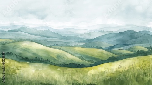 Subtle watercolor landscape of rolling hills under a soft sky, conveying tranquility and the healing power of nature